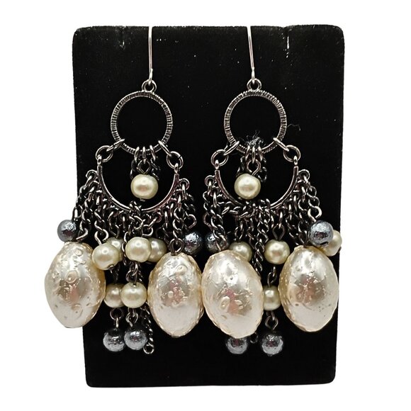 Jewelry - Women's Gunmetal  Faux Pearl Beaded Chandelier Earrings Chainmaille Whimsigoth